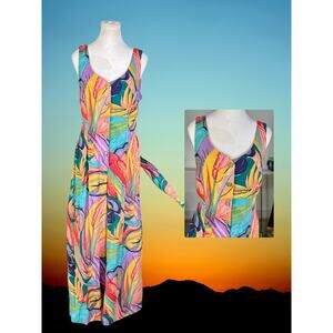 Vintage 80s Private Club Tropical Deep Back Tie Detail Palazzo Pants Jumpsuit M
